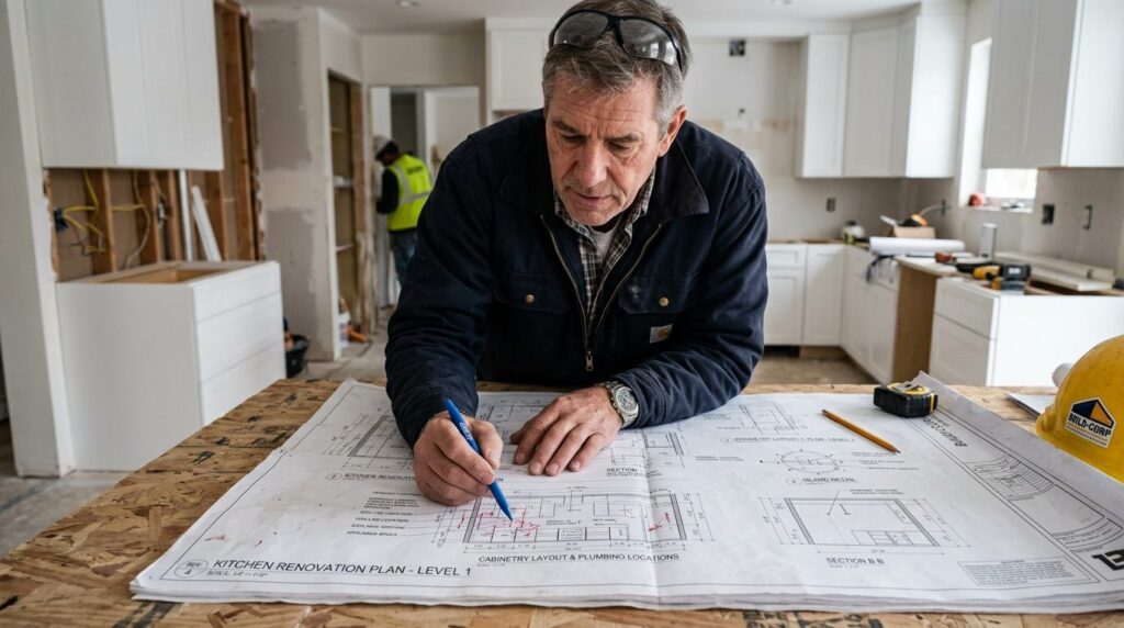 Close-up of experienced construction supervisor reviewing bl