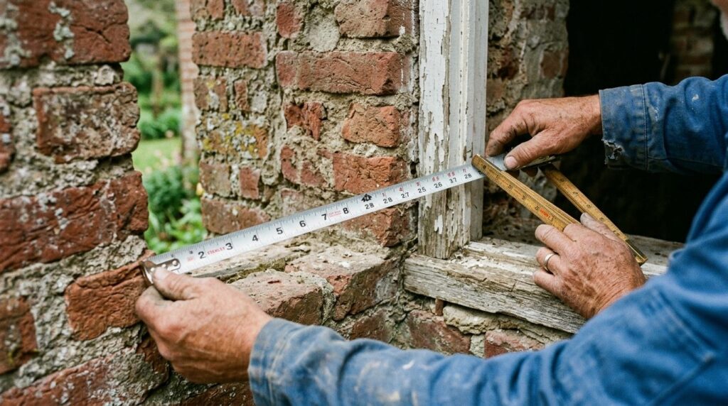 Close-up detail shot of a craftsman measuring an old brick w