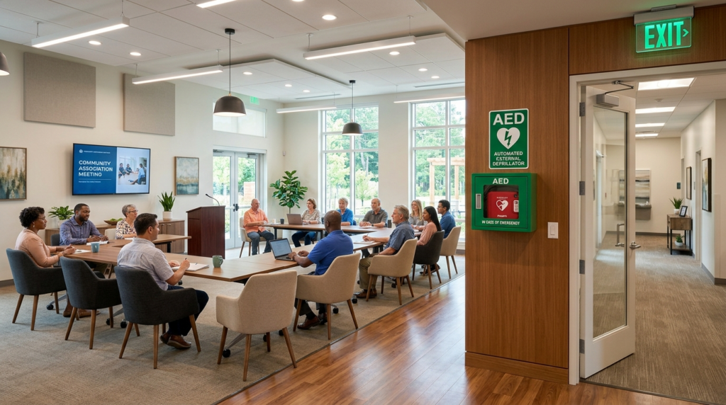 Wide interior photograph of a modern residential association