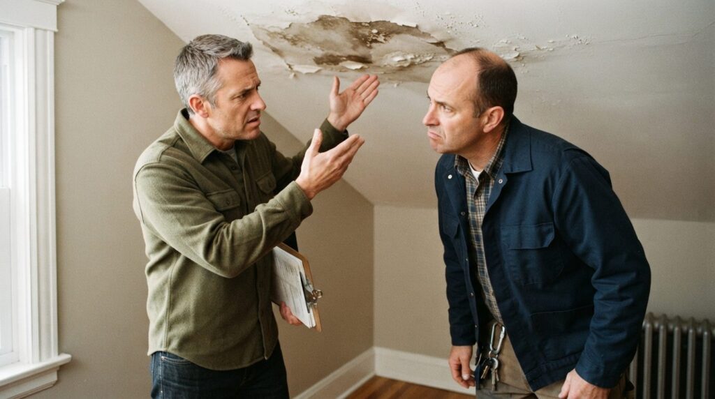 Close-up of homeowner and contractor in disagreement over vi