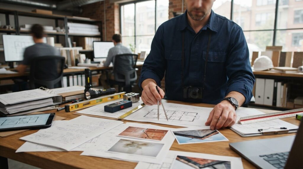 Building surveyor preparing detailed inspection report with 