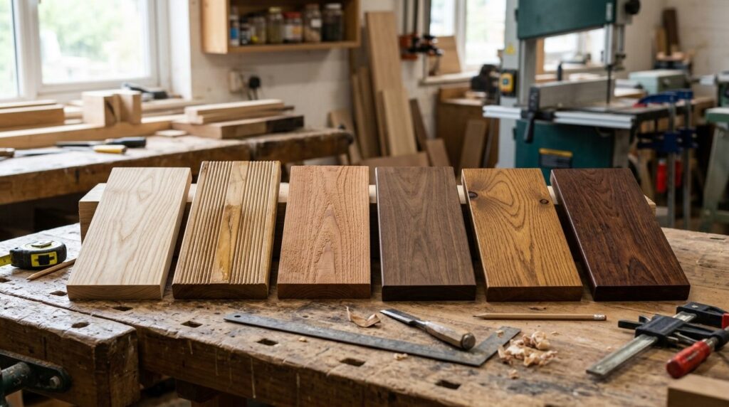 Close-up detail shot of various wood samples and decking mat