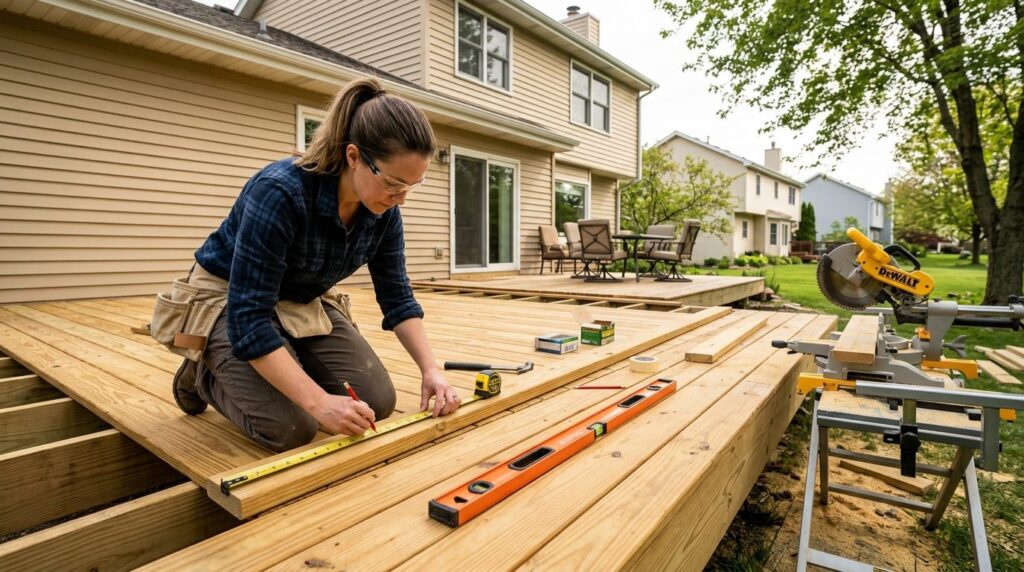 Wide-angle photograph of a homeowner measuring and marking w