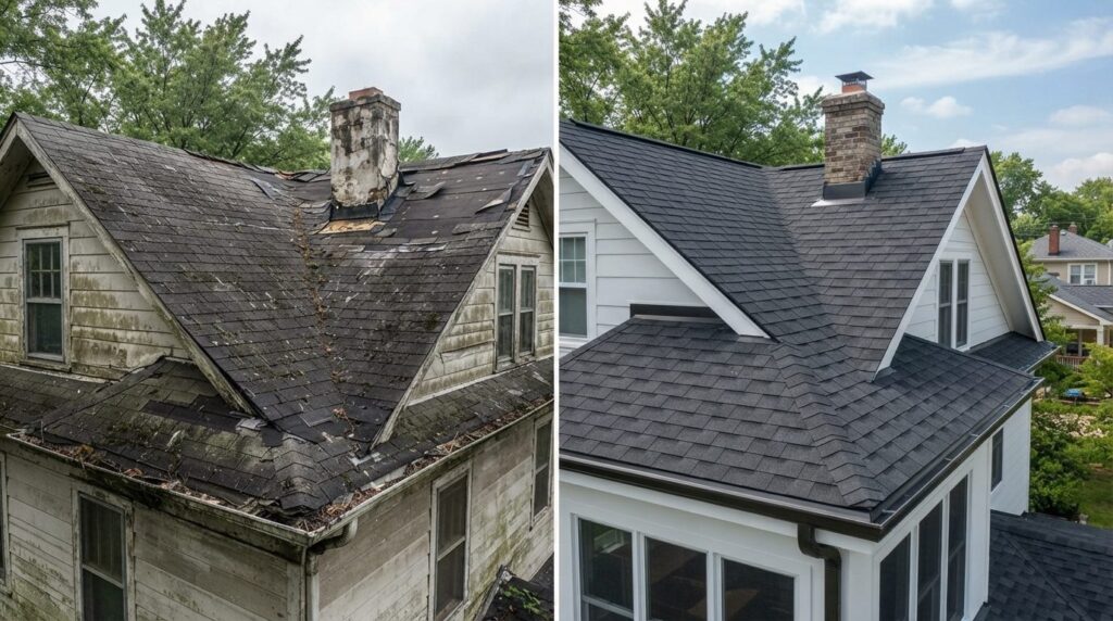 Fotorealistic before-and-after split screen comparison showi