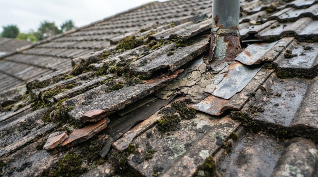 Close-up fotorealistic image of roof damage details includin