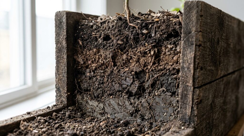 Close-up detail shot of layered soil composition in a raised