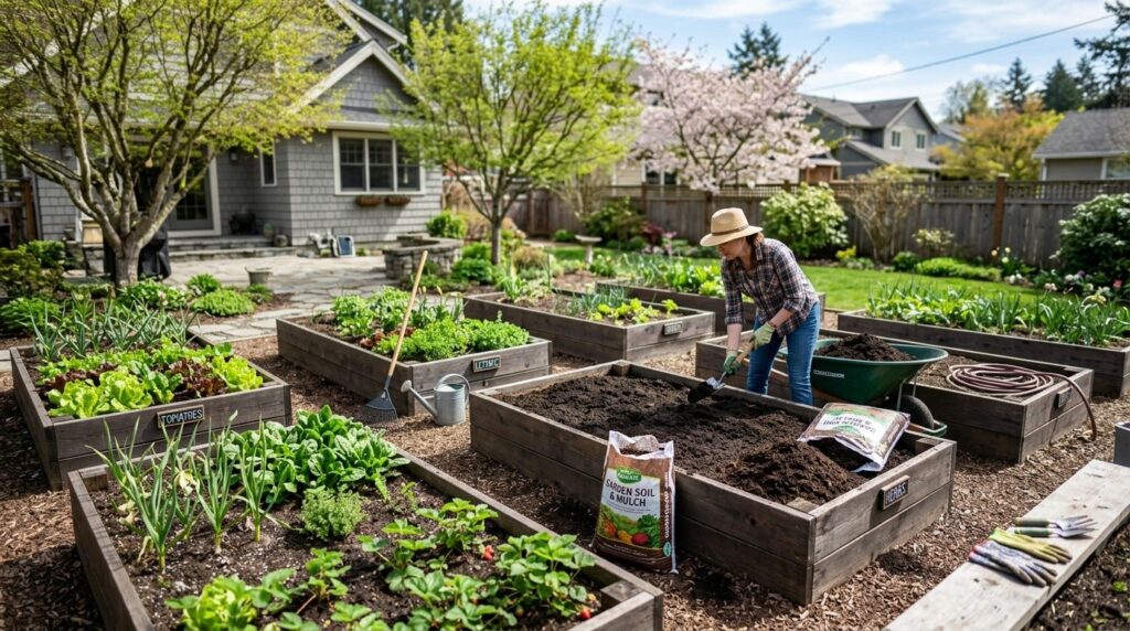 Wide angle view of multiple wooden raised garden beds in a r