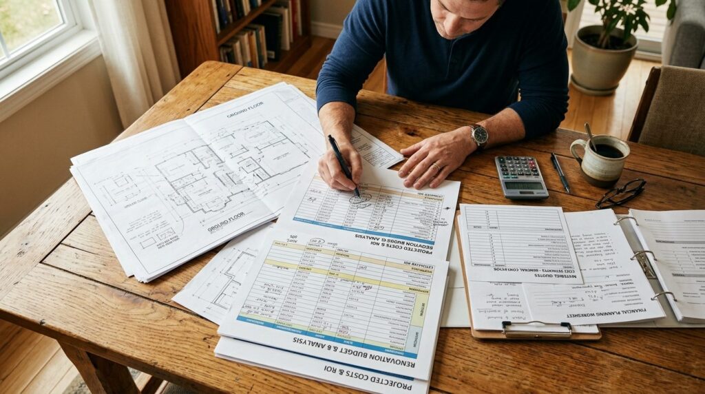 Close-up overhead view of a homeowner reviewing renovation b