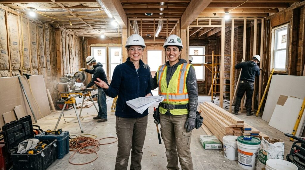 Wide-angle photograph of a professional construction team le