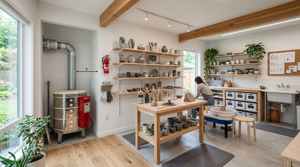 Wide-angle photograph of a well-organized home ceramic studi