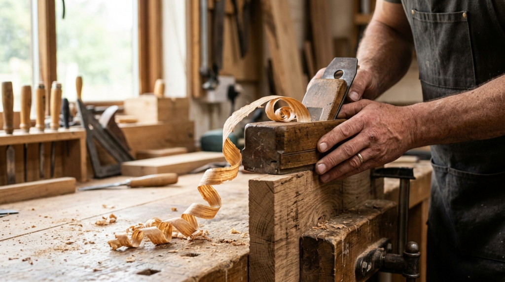 Close-up of skilled craftsmans hands working with wood plan