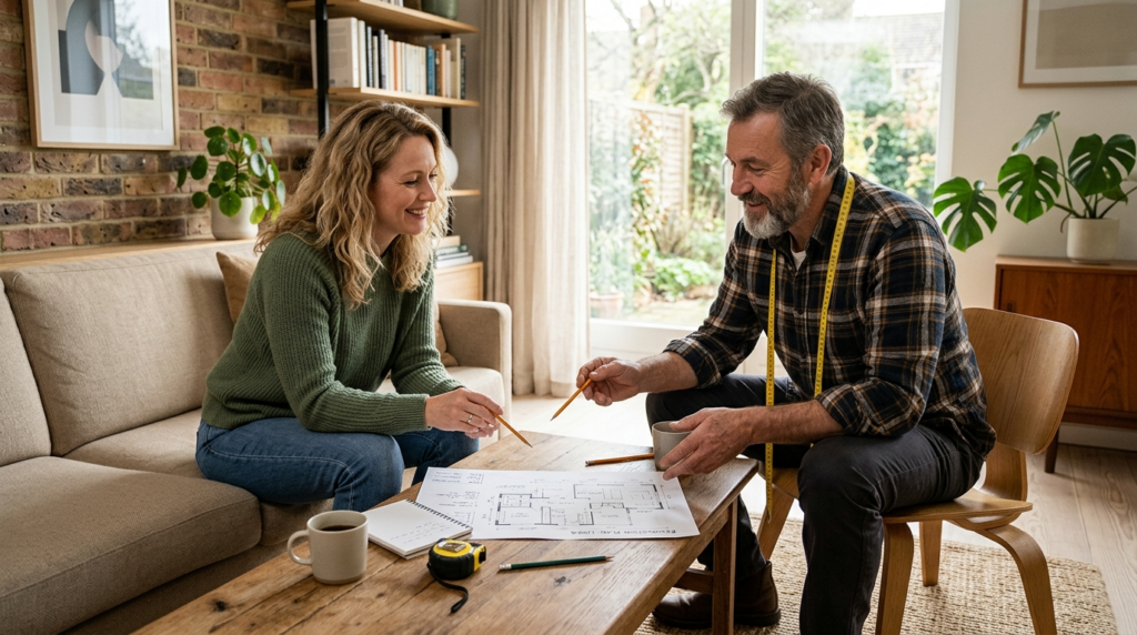 Homeowner discussing renovation plans with local carpenter i