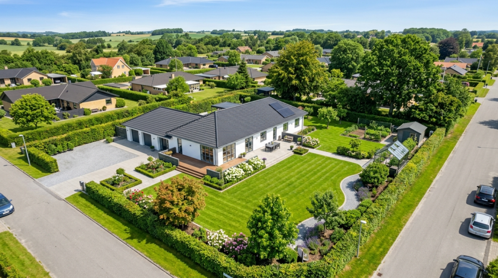 Aerial view of well-maintained residential property on Funen