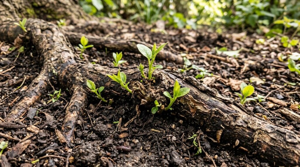 Close-up realistic photo of tree roots exposed in garden soi