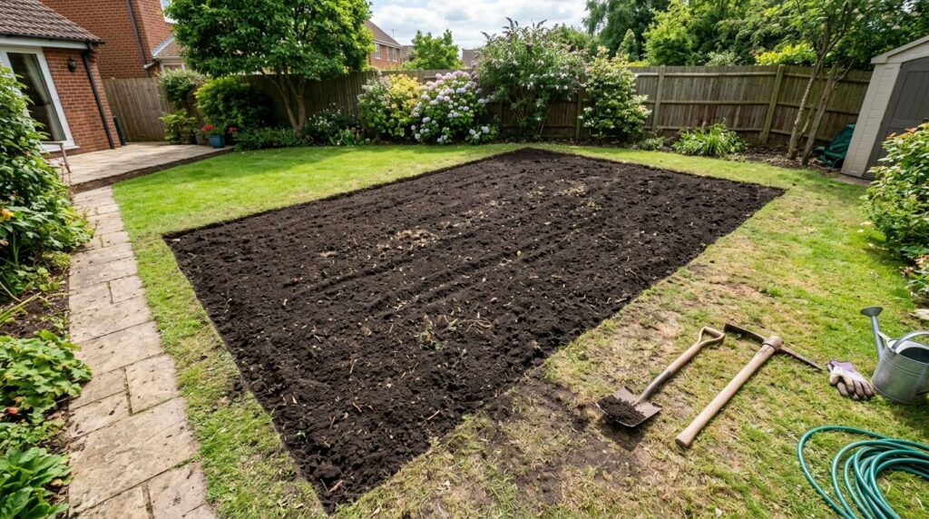 Overhead view of a completely cleared garden area after stum