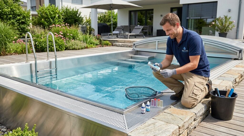 Professional maintenance scene of stainless steel pool showi