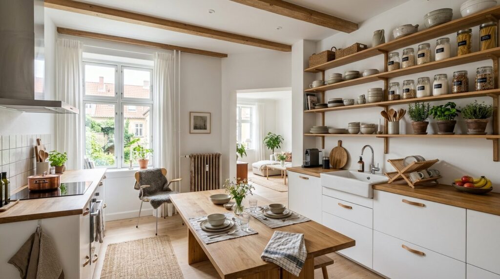 Wide angle view of a freshly painted, well-maintained kitche