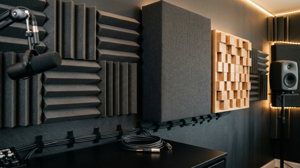Close-up of professional acoustic foam panels and bass traps