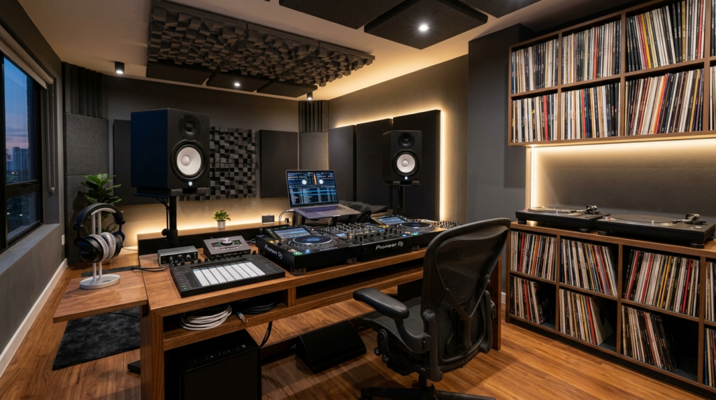 Spacious home DJ production room with organized equipment la