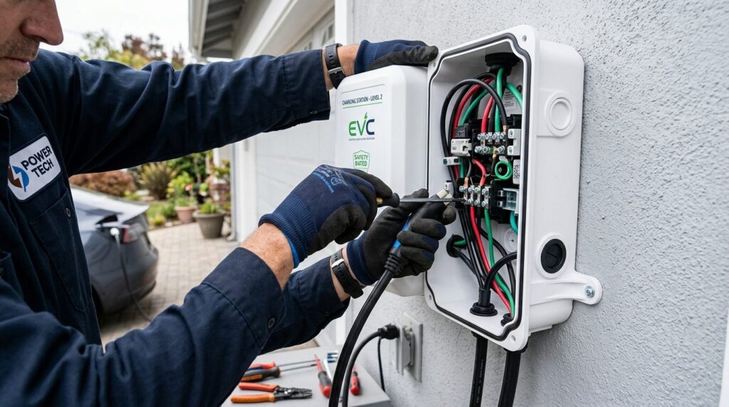 Close-up professional shot of an electrician installing a wh