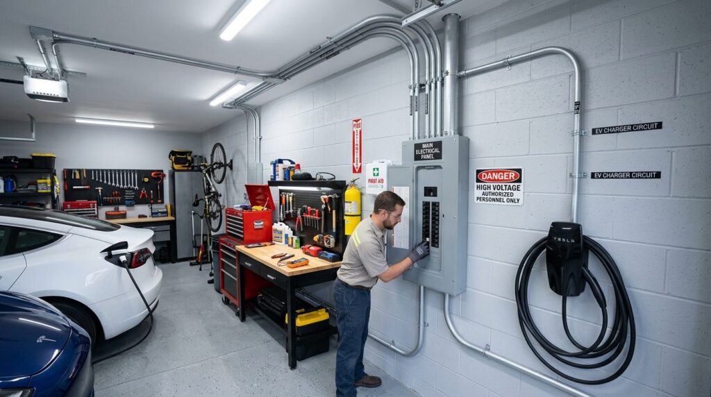 Wide angle photograph of a prepared home garage interior wit