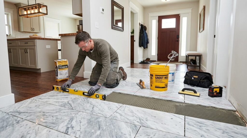 Wide angle shot of a DIY home renovation project showing mar