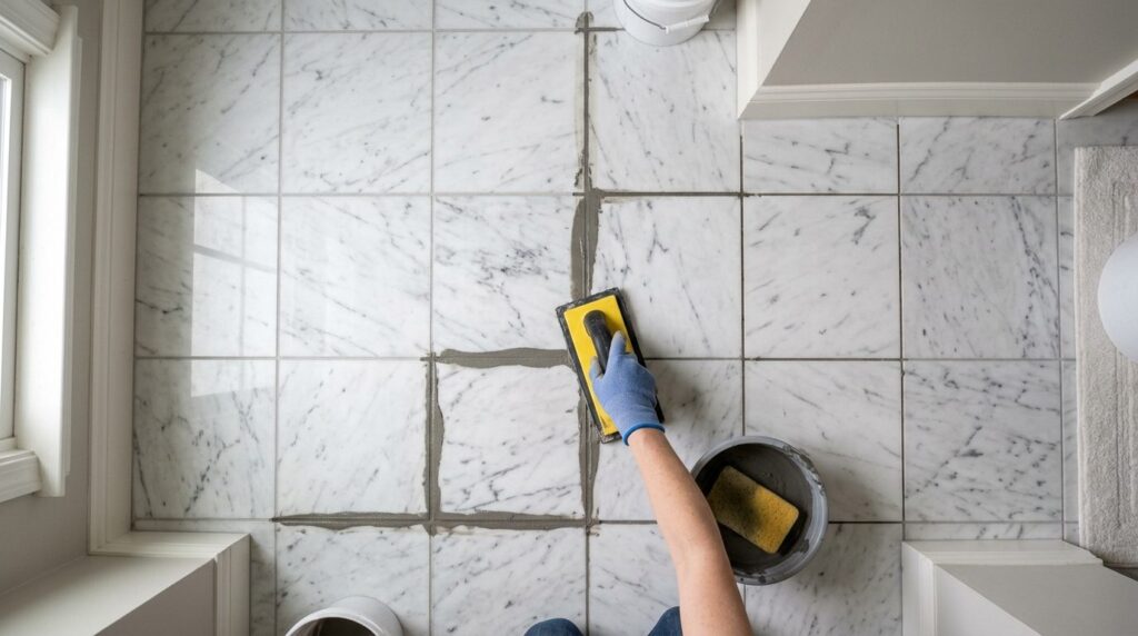 Detailed overhead view of marble floor tiles arranged with g