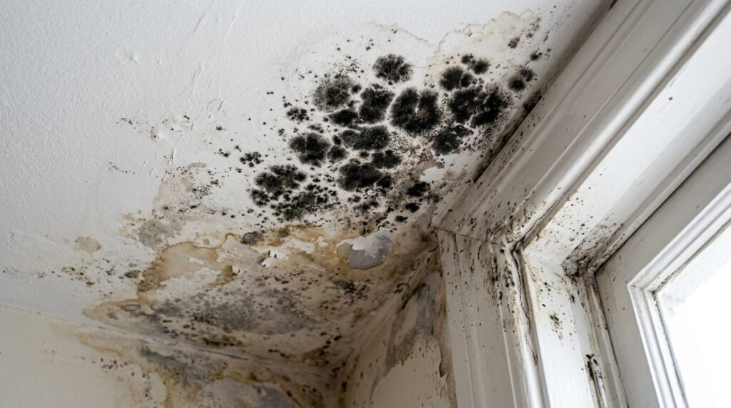 Close-up of black mold fungus spreading on apartment ceiling
