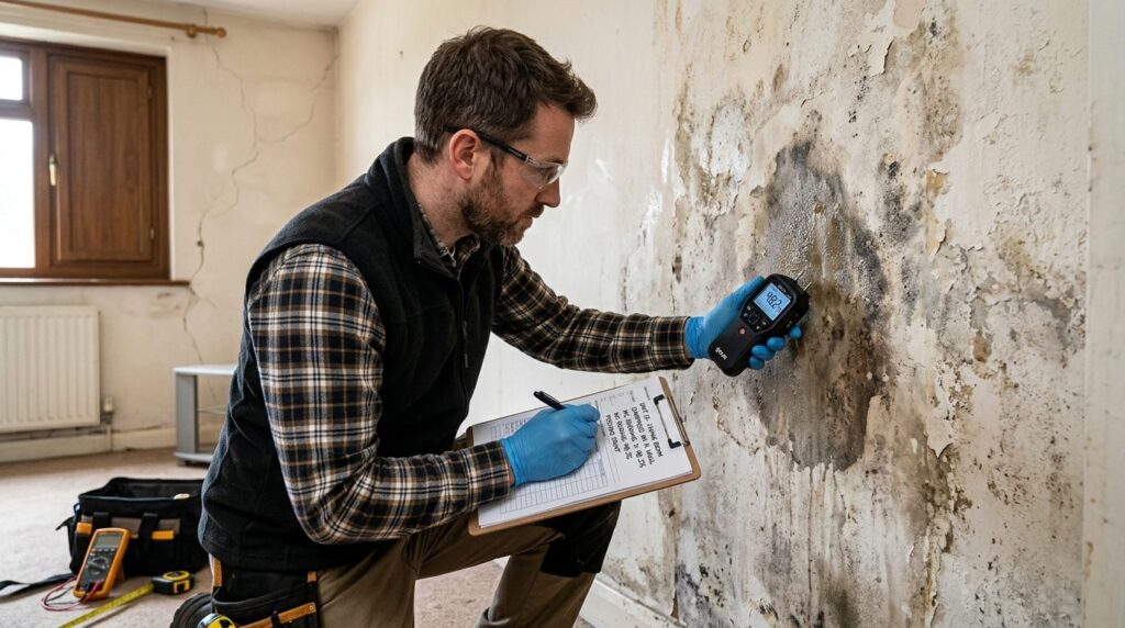 Independent surveyor in protective gloves measuring humidity